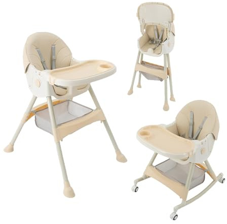 Hochstuhl Baby 5 in 1 Klappbarer Kinderhochstuhl Verstellbar Babystuhl mit babywiege + Supper Platte + Rollen Mitwachsend ab 6 Monate bis 6 Jahre (Khaki Farbe)