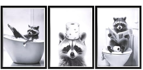 TranRantic 3 Stück Bilder Badezimmer Deko, Waschbär Badezimmer Bilder | Lustiges Schwarz-Weiß Tier Leinwand, 21cm*30cm, Lustige Wand Deko für Toilette Room Waschraum Deko- Ohne Rahmen