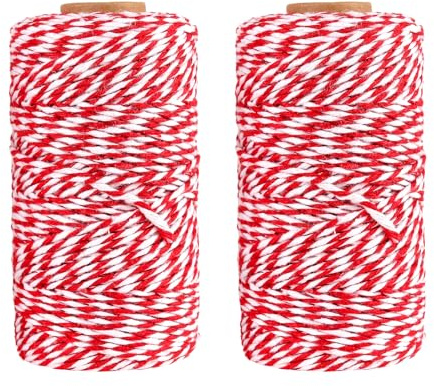 HONYUET 200m/ 656 feet Red and White Butchers Twine, 2mm Thick Cotton String for Wrapping, Kitchen, Baking, 100m Per Roll, 2 Rolls
