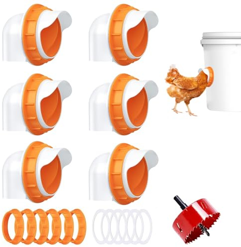 CARISED 6 Stück Futterautomat Hühner Mit Lochsäge Futterautomat Hühner Rattensicher Wetterfest Hühnerfutter Automat Geflügelfutterstation für Eimer Behälter Tröge (Orange)