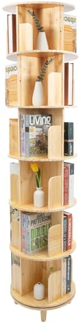 PINYELIN Generisch 360° Drehbares Bücherregal, Bodenstehendes Bücherschrank Freistehend, Bookshelf Mit 6 Ebenen, Naturholz