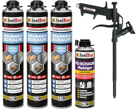Isolbau - Brunnenschaum 1K Bauschaum Wasserdicht Aussen und Innen - 3 x Montageschaum 750 ml, 1 x PU-Schaum-Reiniger & 1 x Schaumpistole - PU-Schaum - Pistolenschaum Dämmschaum Isolierschaum