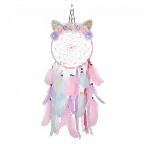 SiumPklay Large Unicorn Dream Catcher for Girls, 8-Inch Handmade Wall Hanging with Colorful Artificial Feathers, Boho Kids Room Decor, Nursery Bedroom Gift