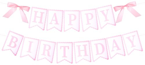 cobee 1 Stück Happy Birthday Girlande Rosa, Geburtstagsdekoration Mit Rosa Schleife Geburtstag Mädchen Happy Birthday Banner Dekoration Für Geburtstagsparty Dekoration