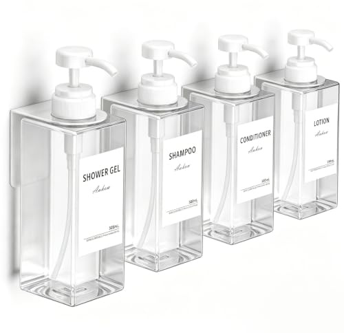 Anhow Dispensador Jabon Baño, 4 Piezas Dosificador Jabon Baño Pared 500ml Sin Taladrar Botes para Gel y Champu con 16 Etiquetas Impermeables para Cocina y Baño, Transparente