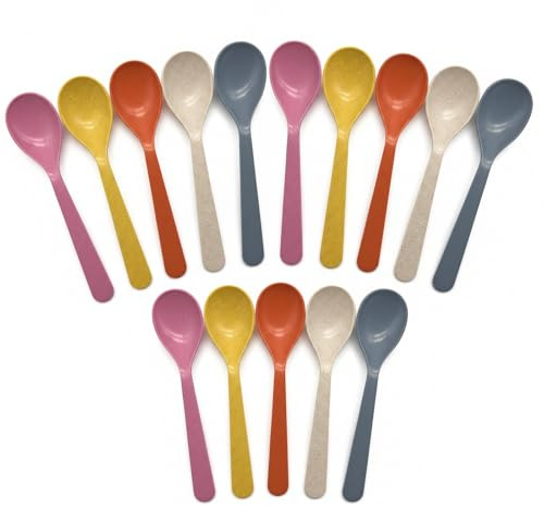 Thfaeyta 15PCS Colorful Plastic Spoons - Reusable Teaspoons 14cm Short Handled Spoon for Dessert, Egg, Rice, Soup, Ice Cream, Coffee - 5 Colors (Beige, Blue, Orange, Yellow, Pink)