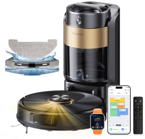 Proscenic Q20+ Plus Robot Aspirador y Fregasuelos 10000 Pa/200Mins, con 4L Base Autovaciado sin Bolsa, Navegación y Cartografía por Láser por App/Voz/Control, para Suelos/Alfombras y pelos de Mascotas