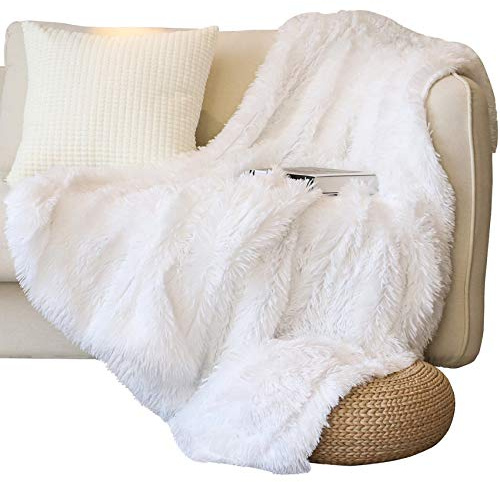 Tuddrom Decorative Extra Soft Faux Fur Throw Blanket 50 x 60,Solid Reversible Fuzzy Long Hair Shaggy Blanket,Fluffy Cozy Plush Fleece Comfy Microfiber Fur Blanket for Couch Sofa Bed,Pure White