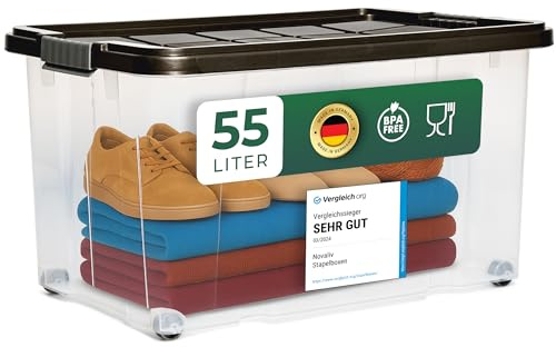 Novaliv 3x Aufbewahrungsboxen mit Deckel Rollen 55l 61x40x34 transparent Grau Anthrazit Kunststoffbox mit Deckel Stapelkiste Verstauboxen Spielzeugkisten Stapelbox