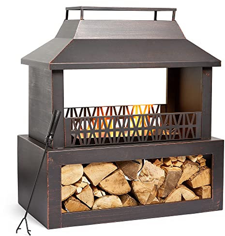 VonHaus Outdoor Fireplace, Fire Pit with Log/Wood Store for Garden, Patio, Fuel with Wood, Logs, Charcoal, Brushed Metallic Finish, Geometric Design, Steel, Weather Resistant, Includes Fire Poker