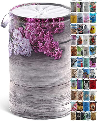 Sanilo Wäschekorb faltbar, stabiler runder Wäschesammler 60 Liter, Wäschesack mit Griffen und Abdeckung (Flieder)