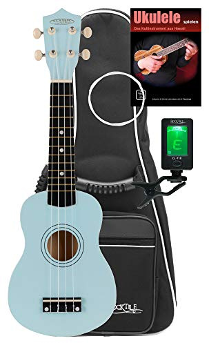Classic Cantabile US-50 BL Sopran-Ukulele Blau Set, Sopran Mensur (34 | 5 cm), 12 Bünde, Bundmarkierungen im 5., 7. und 10. Bund, Sattelbreite: 35 mm, Offene Stimm-Mechaniken, Weiße Nylon-Saiten