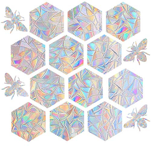 STICKERGURU 16 Pieces Hexagons and Bee Window Clings - Anti-Collision Window Decals to Save Birds from Window Collisions,Non Adhesive Prismatic Vinyl Window Clings, Rainbow Stickers, Bright,rainbow