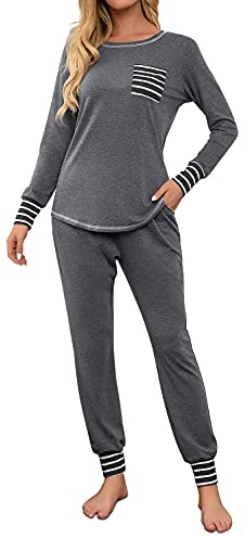 Fuakesor Damen Schlafanzug Lang Pyjama Set Herbst Winter Nachtwäsche Zweiteiliger Sleepwear Soft Loungewear Hausanzug mit Karierte Hose (Grau, XX-Large)
