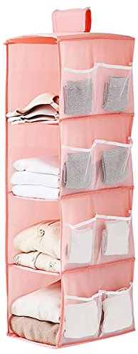 XiXiRan Organizador de Armario Colgante, Estantería Colgante de Tela, con 4 Niveles y 12 Bolsillos, Ahorro de Espacio y Plegable, Estante de Tela para Armario para Ropa, Toallas, Ropa Interior (Rosa)