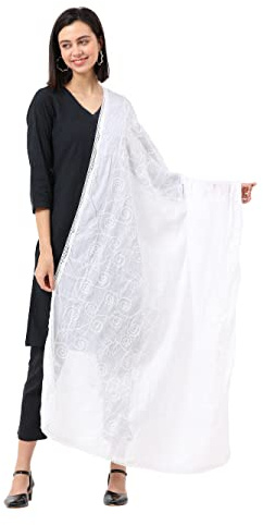 Petrichor Women's Fashion Designer Embroidered 100% COTTON Dupatta Scarf for Women/Girls (Length: 2.2 meters, Made in India, Colour : White)
