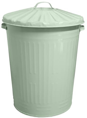 KetoPlastics 90L Retro Bin Vintage Style Metal Dustbin with Lid Suitable for Indoor or Outdoor - Classic Bin Steel Dustbin - Sage Green - 90 Litre