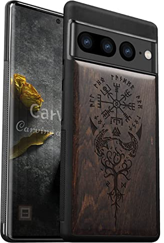Carveit Wood Case for Pixel 7 Pro Cover Shockproof Bumper [Natural Wood & Soft TPU] Wooden Design Cover Compatible with Google Pixel 7 Pro Wooden Case (Viking Compass Vegvisir-Blackwood)