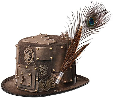 BPURB Unisex Steampunk Zylinder Hut mit Zahnrad Feder Gothic Punk Halloween Kostüm Hüte für Karneval Party Cosplay, Schwarz, 61cm/24.02 inches