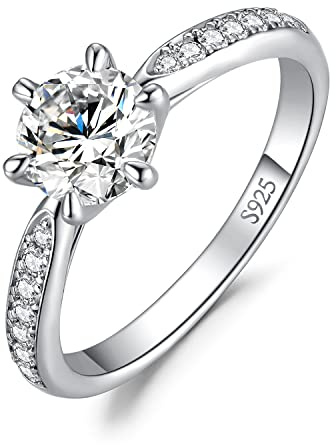 JewelryPalace Classic 1ct Moissanite Solitaire Engagement Rings for Her, 925 Sterling Silver Promise Ring for Her, Round Cut Simulated Diamond Anniversary Wedding Rings D-F VVS Size M