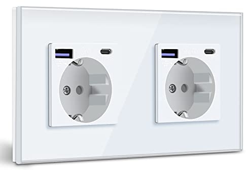 BSEED Schuko Steckdose mit USB C 20W Schnellladegerät USB Type C Wandsteckdose mit Glas Panel, 2 Fach Steckdose, USB Steckdose Unterputz, Einbausteckdose Geeignet für Phone, Pad, MP3 und mehr-Weiß