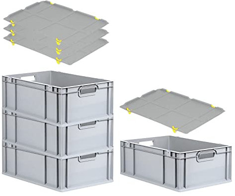 PROREGAL SuperSparSet 4x Eurobox NextGen Grip mit Auflagedeckel & 4 gelben Schiebeschnappverschlüssen, HxBxT 22x40x60cm, 44 L, Grau, Griffe offen, Eurobehälter, Transportbox