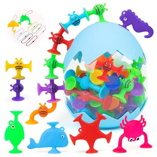Saugnapf Spielzeug, 45 Stück Sensorik Bausteine Spielzeug mit Ketten, Autismus Spielzeug, Montessori Geschenke für Jungen und Mädchen ab 3 4 5 6 7 Jahre