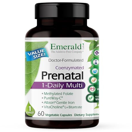EMERALD LABS Prenatal 1-Daily Multi - Prenatal Multivitamin with Methylated Folate, Iron, Whole-Food Blend & More - Soy-Free, Gluten-Free - 60 Vegetable Capsules