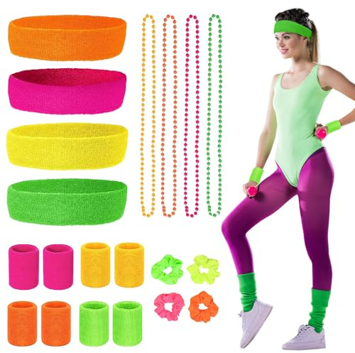 mizikuu 20 Stück Neon Schweißbander Set, 80er Retro Stirnband Schweissband Sport Farbe Bunte Halskette Haarring 80s 90er Jahre Kostüm Zubehör Thema Outfit Accessoires für Karneval Party