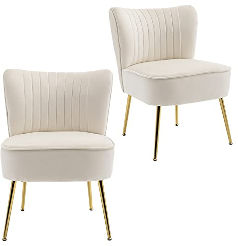KCC Modern Velvet Upholstered Accent Chair Set of 2,Mid Century Living Room Chairs with Golden Legs,Comfy Armless Chair Wingback Single Sofa Side Chair for Bedroom,Beige