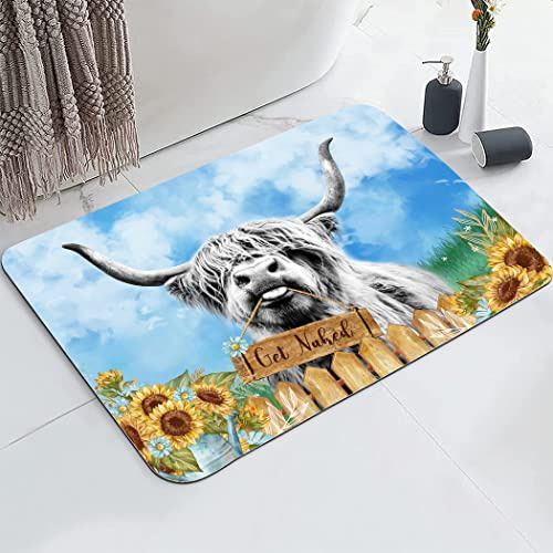 YISUMEI Bathroom Rug,Absorbent Non-Slip Indoor Rugs for Bathtub and Shower Floor,Durable Rubber Backing Print Bath Mat,17x24,Get Naked Farmhouse Highland Cow Funny Western Sunflower Blue Sky