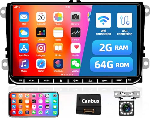 2+64G Android 13 Autoradio mit IOS/Android Mirror Link für VW Skoda Passat Touran Seat Polo T5, 9 Zoll Bildschirm Doppel Din mit Navi Bluetooth Freisprecheinrichtung/FM/RDS Rückfahrkamera