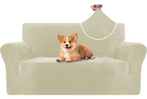 CYCMACO Samt Sofa Überzug 2 Sitzer, Sofabezug Elastische, Couch Überzug Haustier Katze Hunde, Universal Sofa Cover Moderne, Sofahusse Mit Armlehnen, Sofaschoner rutschfest, Beige