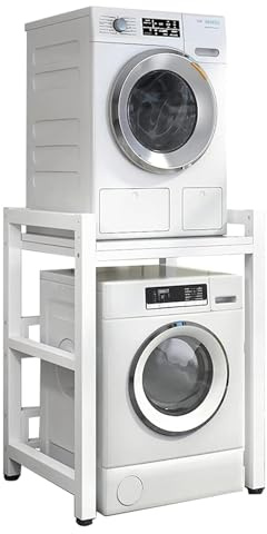 Armario Lavadora Secadora Mueble para Lavadora y Secadora con Altura Ajustable Estante para Lavadora Kit de Apilamiento para Lavadora y Secadora Capacidad de Carga 350kg (Blanco, Marco Blanco)