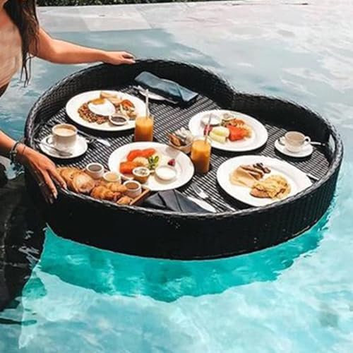 JIANGSS Schwimmendes Frühstückstablett aus Rattan, herzförmiges schwimmendes Pooltablett,Pool-Serviertabletts, zum Servieren von Getränken, Brunch und Speisen auf dem Wasser,Black-80x80cm