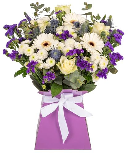 Generic Wild and Natural Fresh Flower Bouquet in Presentation Vase | White Roses, Germinis, Chrysanthemums & Seasonal Greenery | Presented in a Purple Card Vase and White Satin Ribbon Bow, AMFL002
