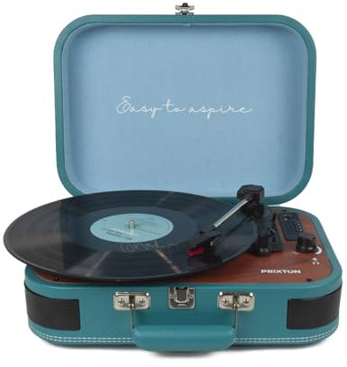 PRIXTON VC600 - Tocadiscos de Vinilo Vintage, Reproductor de Vinilo y Reproductor de Musica Mediante Bluetooth y USB, 2 Altavoces Incorporados, Diseño de Maleta (Azul) (Reacondicionado)