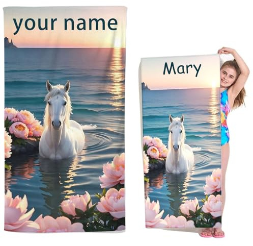 Goplnma Personalisiert Pferd Strandtuch mit Namen, Personalisierte Mikrofaser Strandtuch Groß 70x140cm Badetuch Pferd Motiv Strandtücher Pferd für Strand (100 x 200 cm,1)