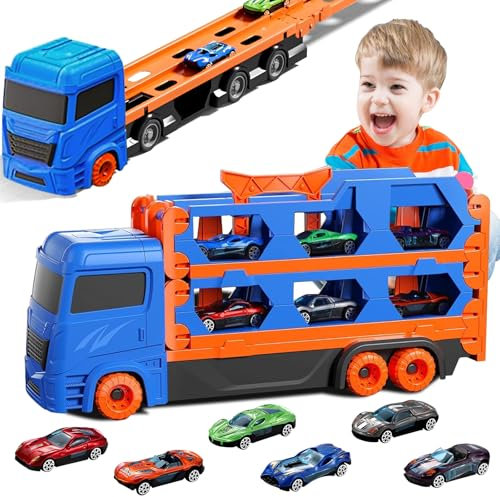 Race Track Truck Toys for 2 3 4 Year Old Boys Gifts, 65 Inch Portable Folded Transport Carrier Truck for Boys Toys Age 2 3 4,Toddler Toy Cars Gifts for 2 3 4 5 Year Old Kids