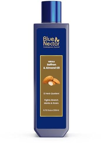 Blue Nectar Saffron & Almond Oil, Ayurveda Body Oil for Saggy Skin & Crepey Skin | Natural Firming Action for Reduced Appearance of Stretch Marks (12 Herbs, 200ml)