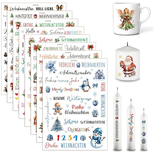 Weihnachten Kerzentattoo Aufkleber Kerzen Tattoo Sticker Set 8 Blätter Kerzenfolie Kerzenaufkleber Wassertransferdruck Wasserschiebefolie für Party Geschenk Kerzen Dekorieren (B x 8 Blätter)
