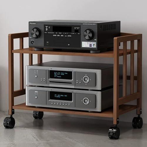 Audio Rack Schrank mit verstellbarem Regal, mobiler Stereo Rack Medienständer mit Rädern, Bambus Medienschrank für DVD-Player/Kabelboxen/Spielekonsolen(Brown,20x15x21in)