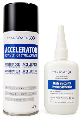 Cyanboard, Kit adhésif cyanoacrylate haute viscosité (100grs) + (400ml) Activateur accélérateur de recouvrement des pores. Adhésif instantané pour matériaux poreux : bois, caoutchouc, cuir.