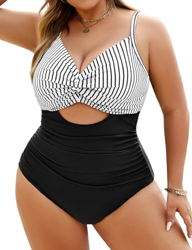 Vancavoo Costume Intero Donna Taglie Forti Costumi da Bagno Curvy Contenitivo Costumi da Mare Interi Scollo a V Beachwear 1 Pezzi Swimsuit Spiaggia Estate,Nero+ Bianco,L