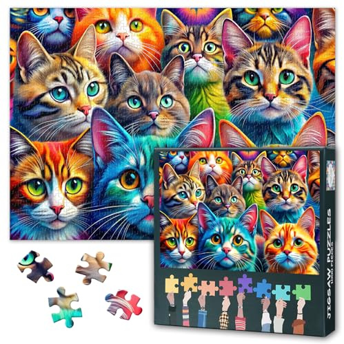 Premium Jigsaw Puzzles UK - Colorful Cat Portraits Collage, 50x70cm Complex Artwork for Parlour Games, Unique Gift for Cat Lovers & Adults