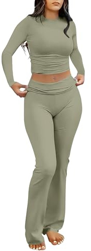 ANRABESS Women 2 Piece Outfits Spring Lounge Sets Long Sleeve Cropped Top Fold Over Flare Pants Comfy Pajamas Set Y2K Clothes Army Green Medium