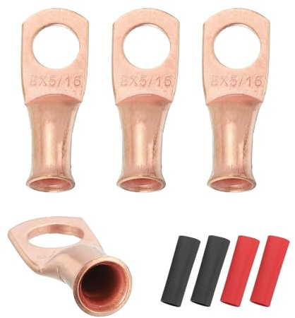 sourcing map 4pcs 8 AWG M8 Battery Lugs Ring Terminals, 5/16 8mm Stud Crimp Wire Terminal Connector End Copper, 3:1 Heat Shrink Tubing, Gold