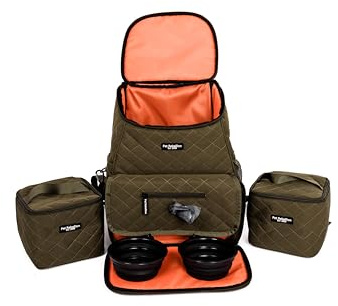 Pet Rebellion Pet Travel Bag Set Backpack | Waterproof, Wipeable Material | Built-in Poo Bag Dispenser with Two Collapsible Silicone Bowls & Food Carriers | Green