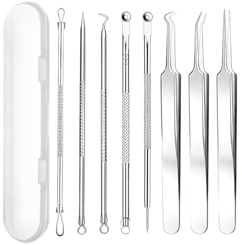 8 Pièces Extracteur Point Noir Professionnel, Tire Comedon Point Noir avec Pince et Perce Bouton - Tire Comedon Professionnel Blackhead Remover en Acier Inoxydabl