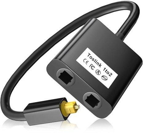 Toslink Splitter, 1 Entrada 2 Salidas SPDIF Splitter de Audio Digital con Conectores Chapados en Oro para TV, DVD, Barra de Sonido, Receptor A/V, Home Theater y Consolas